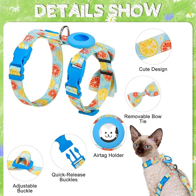 EXPAWLORER Cat Harness and Leash Set with AirTag Holder, Escape Proof Safe Lightweight Adjustable Soft Kitten Harness Set with Bowknot for Small Medium Large Cat Walking Travel Outdoor, Lemon