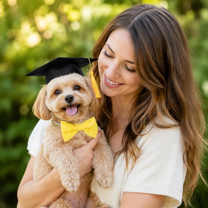 Pet Graduation Cap and Bowtie Set, Adjustable Dog Cat Graduation Hat with Gold Sequin Bowtie for Graduation Party Costume Accessory