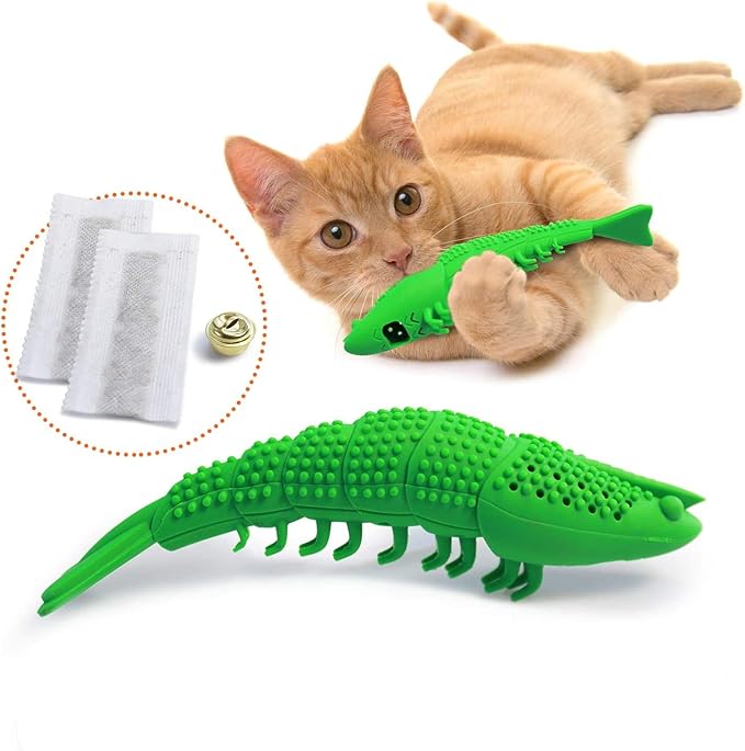 Ronton Cat Toothbrush Catnip Toy - Durable Hard Rubber - Dental Care, Cat Interactive Toothbrush Chew Toy (1 Pack Green (Shrimp)