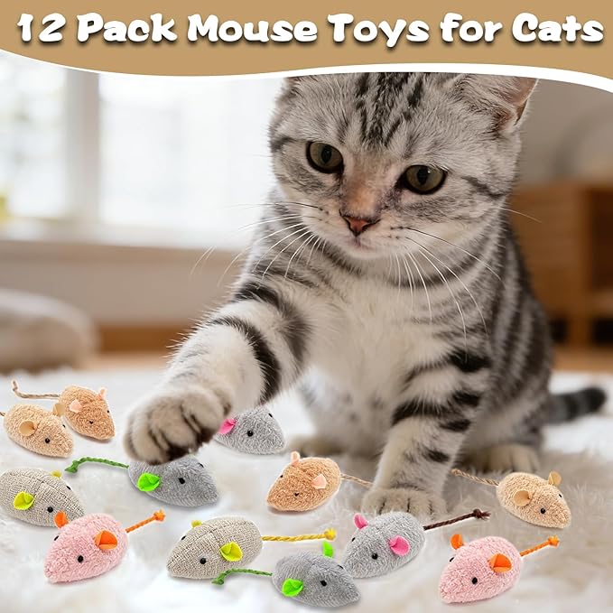 12 Pack Mouse Toys for Cats,Catnip Toy Mouse, Plush Mice Toys for Cats, Cat Nip Mice for Indoor Cat, Kitten Plushie Engaged Entertained Interactive Exercise Kicker Chew Fetch Toy (Value Bulk)