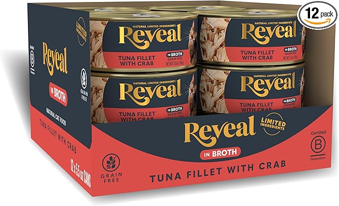 Reveal Natural Wet Cat Food, 12 Count, Grain Free, Limited Ingredient Canned Food for Cats, Tuna Fillet with Crab in Broth, 5.5 oz Cans