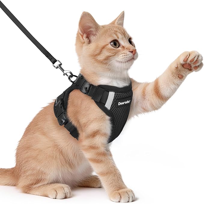 Dooradar Cat Harness and Leash Set, Escape Proof Soft with 3 Adjustable Buckles, Comfortable Vest Easy to Wear Kitten Harness with Reflective Strip, Safe for Outdoor Walking, Black, XS