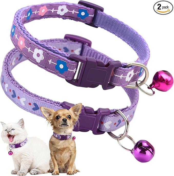 Purple XS Dog Collar with Bell, 2-Pack Girl's Puppy Collar with Bell, Nylon Cute Cat Collars Adjustable for XXS XS Little Small Female Kitten Dogs
