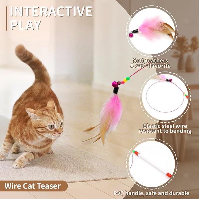 iCAGY 25 Pcs Cat Toys for Cats, Indoor Kittens - Interactive Variety Pack, 45 inches Rainbow Cat Tunnel, Feather Teaser, Feather Golf, Mice, Springs, Balls, Noise Toys - Rainbow/Colorful 45"