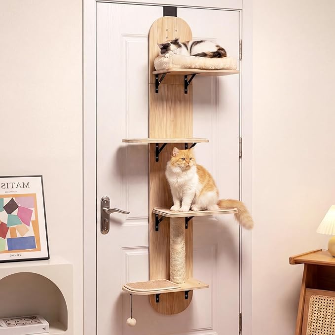 PETSITE Door Mounted Cat Tree, 58.5-61.5 Inches Height Adjustable Hanging Cat Climber with Scratching Post, Detachable Scratching Mats, and Comfy Plush Cat Bed (Natural)