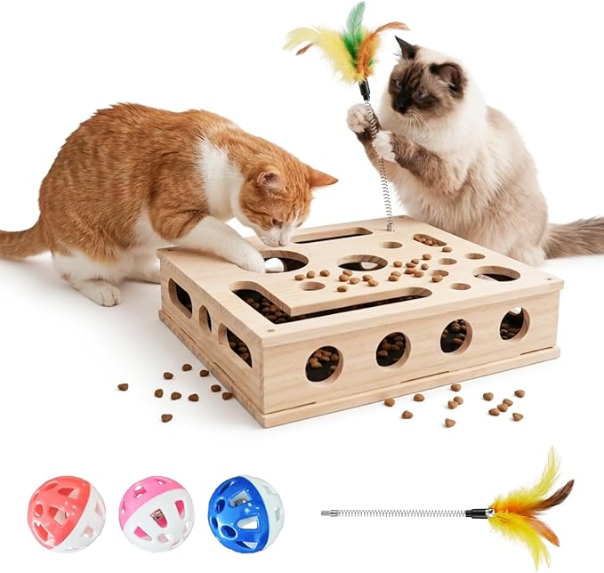 Cat Nail File Box, Solid Wood Cat Scratch Puzzle Enrichment Toy with Built-in Grooming Paper, Interactive Hideaway for Indoor Cats with 3 Bell Balls and Feather Cat Toy (Color: Natural Wood)