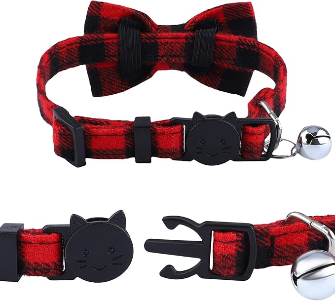 ADXCO 4 Pack Plaid Cat Collars with Bow Tie, Quick Release, Breakaway, Anti-Lost Tags