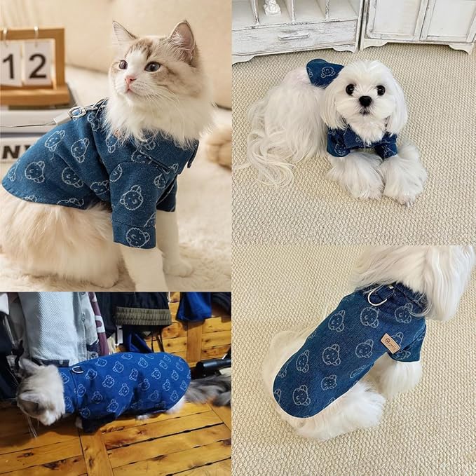 Unisex Pet Denim Shirt for Cats & Small Dogs, Soft Washed Denim, Collared Button Down with Back D-Ring, Breathable Cotton, Spring/Summer/Fall (X-Small, Shirt-Dark Blue with Bear)