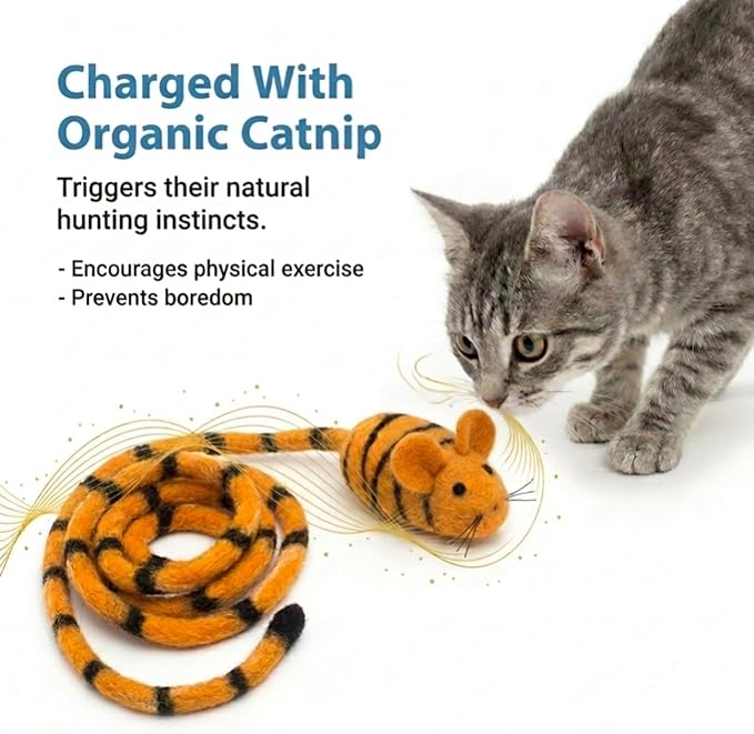 Glaciart One Felt Mouse Cat Toy – Soft Fuzzy Enrichment 100% Natural Wool - Interactive Catnip Play Cat Toy Set - Safe for Pets, Non-AZO Colored Dyes - 100” Long
