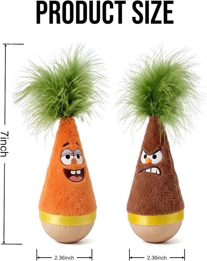 Wooden Wobble Cat Toy, Natural Beechwood Self-Righting Tumbler – 2-Pack Angry & Happy Carrot Kicker, Interactive Silent Cat Toy for Indoor Cats, Battery-Free Plush, Aesthetic Home Decor Gift