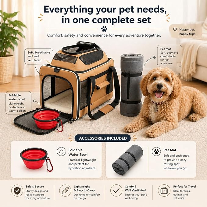 Cat Carrier Dog Carrier Airline Approved, Pet Carrier for 2 Cats Small Medium Dogs, Soft Cat Carrier 18x15x15 with Foldable Bowl & Washable Pad, TSA Approved Dog Carriers by Luniko Shop (Orange)