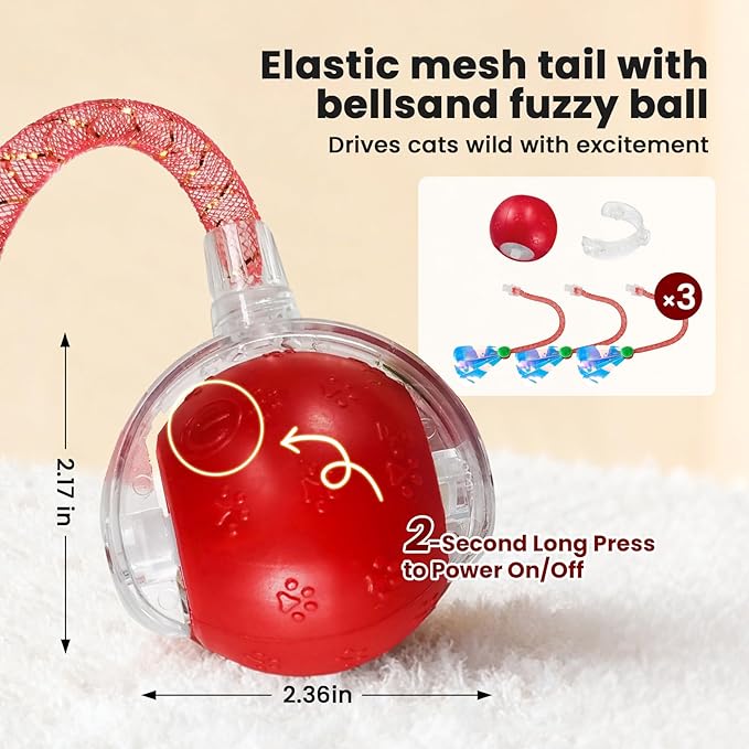 Rocfish Cat Toys, Cat Toys for Indoor Cats, Cat Toys Interactive, 360° Rotating Automatic Interactive Cat Ball, Smart Activation, LED Light, Type-C Rechargeable, 3 Replaceable Dragonfly Tails (Red-N)