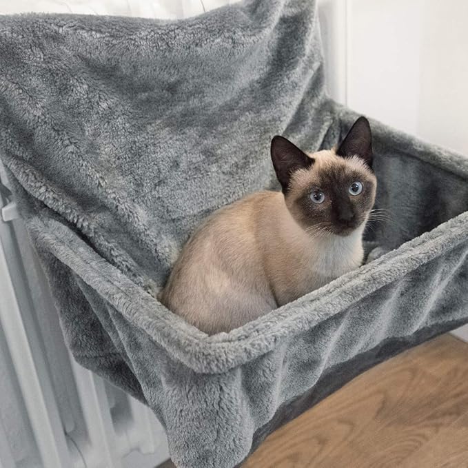 Navaris Cat Radiator Bed - Hanging Plush Basket Hammock with Cushion and Adjustable Metal Frame to Hook onto Radiators - 6kg Maximum Weight - Grey