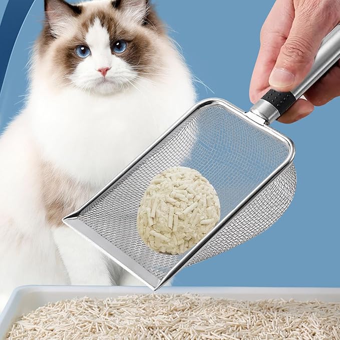 Stainless Steel Cat Litter Scoop, Mesh Shove, Kitty Metal Scooper, Deep Shovel, Long Handle, Poop Sifting, Kitten Pooper Lifter, Durable, Heavy Duty, for Litter Box