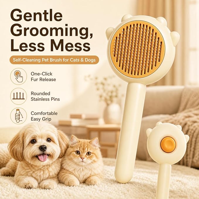 Cat Brush for Shedding, Self-Cleaning Hair Brush with Release Button for Indoor Cats, Soft Silicone Grooming Comb for Long and Short Haired Cats, Cute & Effective Pet Hair Remover Tool, Yellow