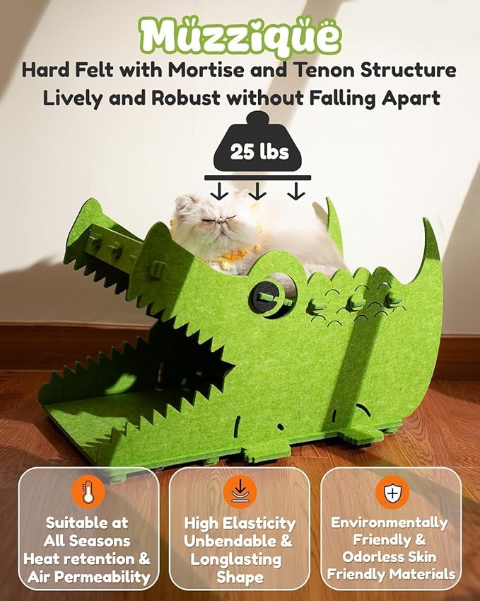 Cat Bed House Cave, for 25 LBs Indoor Cats, Large Cute Crocodile Felt Pet Perch, Scratcher Washable Kitten Playhouse, Enclosed Small Dogs Puppy Nest, Multi Layer Peekaboo Kitty Bedside Cube Furniture
