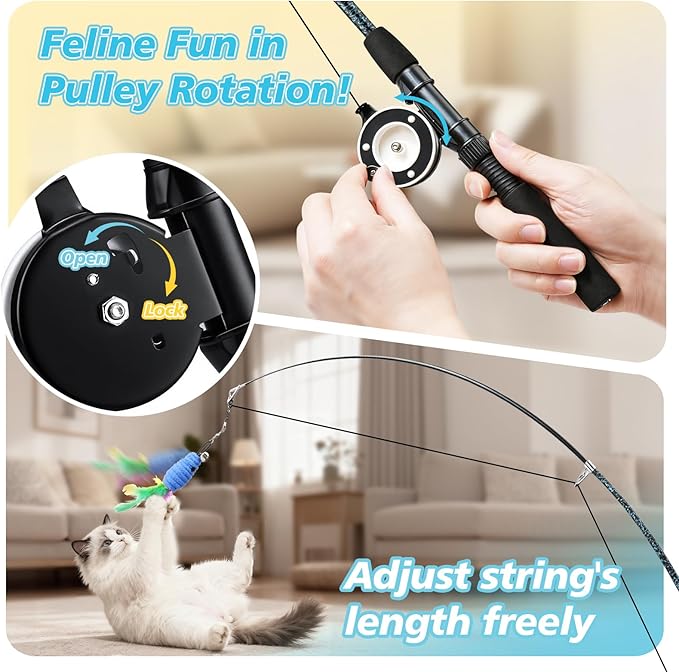 Pawaboo Cat Teaser Wand Toys, Cat Fishing Pole Toy with 3 Pack Feather Refills, 3-Section Retractable Kitten Feather Toys with Pulley, Indoor Cats Teaser Catcher Exerciser with Bell, Blue