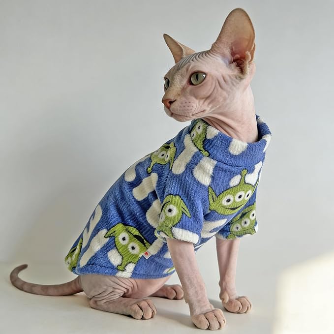 Sphynx Cat Clothes Sweaters for Cats Only, Warm Sphynx Hairless Cat Clothes Shirt,Sphinx Kitten Winter Coat Pet Outfits Costume for Cornish Rex, Devon Rex, Alien Pattern Royal Blue,XL