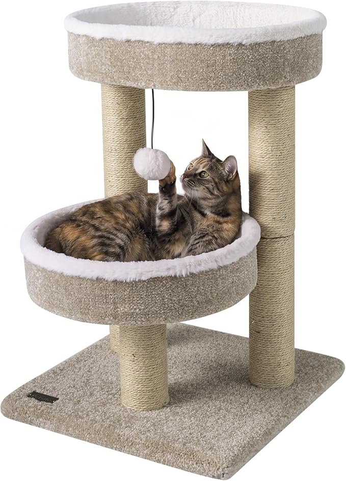 PETSITE 24-inch Small Cat Tree, Multi-Level Modern Cat Tower with Scratching Posts, 2 Comfy Cat Beds, and Interactive Hanging Ball, Ideal for Indoor Cats and Kittens (24-inch Tall)