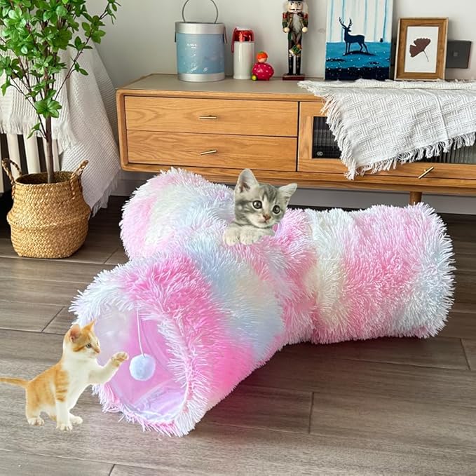 Cat Tunnel Tube Toy Collapsible 3 Way Rainbow Plush, Pet Tunnels for Indoor Cats, Tubes with Hanging Ball Perfect for Kitten, Puppy, Rabbit, Interactive Toys for Fun Playtime & Exercise