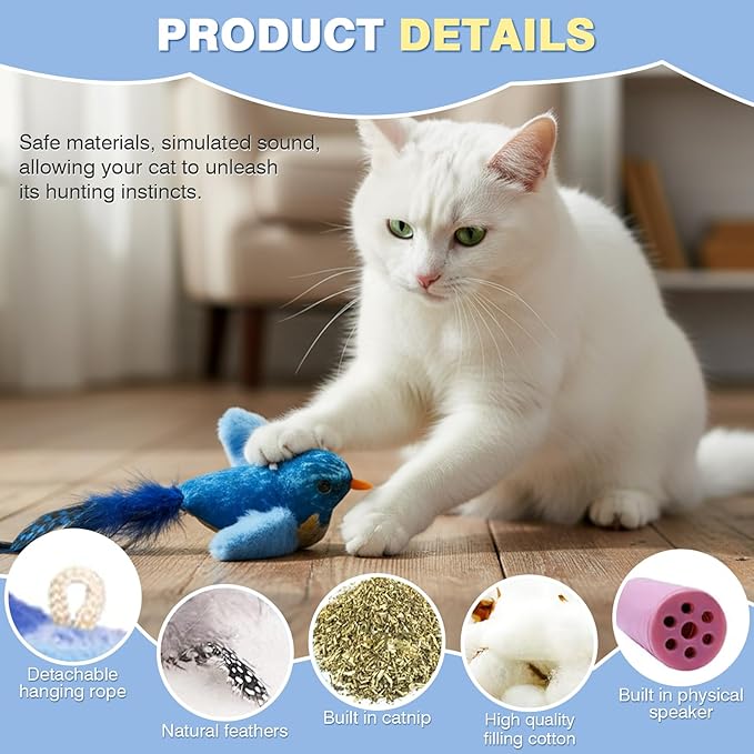 2-Pack Realistic Chirping Bird cat Toy - Soft Interactive Plush Bird Toy Infused with Catnip，Cat Enrichment Toys for Indoor Cats(Physical Sound, RedGreen)
