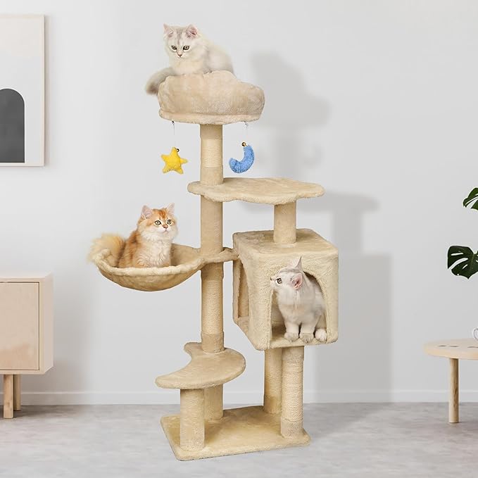 Meecal 43-Inch Cat Tree,Cute Cloud Cat Tree for Kittens & Small Cats Under 6 Months 9lbs, Cat Tower with Scratching Post, Double Condos, Plush Hammock & Dangling Toys, Beige