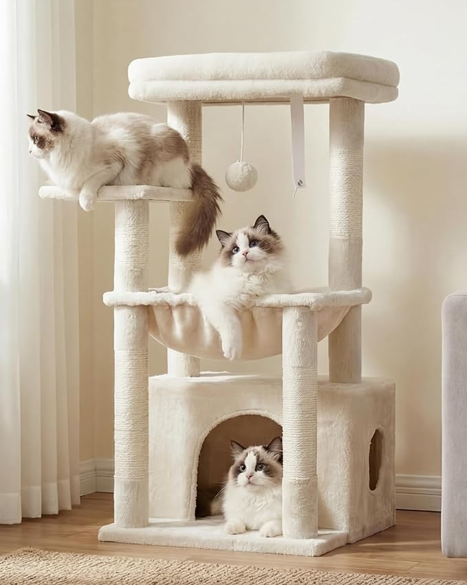 Heybly Cat Tree, Kitten Tower with Large Soft Cat Basket,Cat Condo with Spacious Cat Bed Cave with Hidden Space，Sisal-Covered Scratching Posts,Dangling Ball for Indoor Cats, Beige HCT008SM