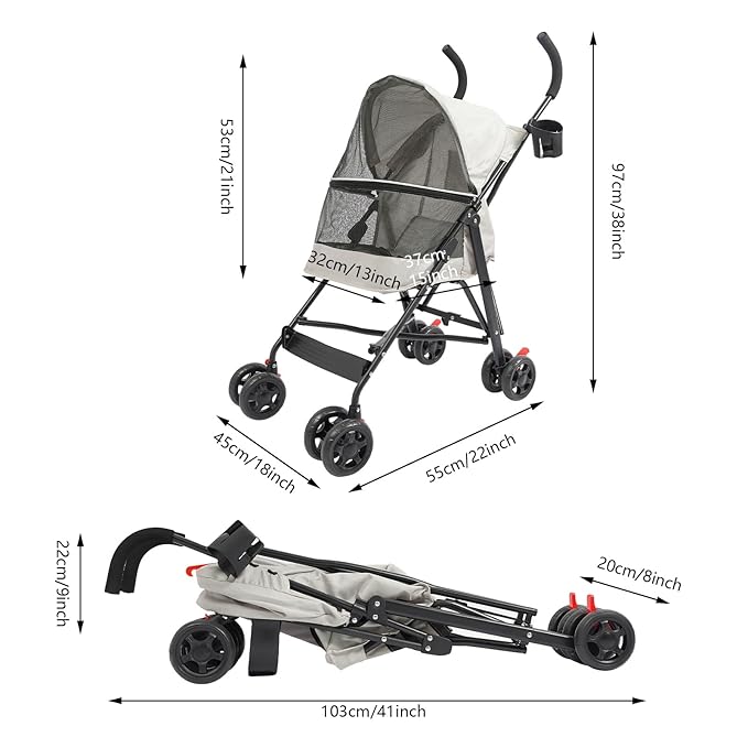 4-Wheel Pet Travel Stroller, Foldable & Lightweight Dog Cat Cage Jogger Stroller, Breathable and Visible Mesh for Small & Medium Dogs & Cats (Up to 22lbs) (White)