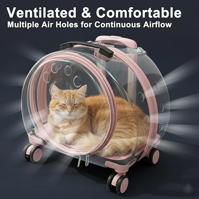 Hard Shell Cat Carrier with Wheels, Rolling Cat Travel Carrier with Telescoping Handle, Transparent Pet Carrier for Cats (Pink)