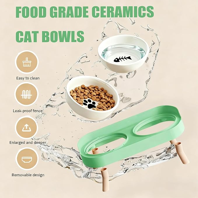 Elevated Cat Bowls, 2 Ceramic Raised Cat Food and Water Bowl Set, Prevent Cat Chin Acne, Whisker Fatigue Friendly, Splash Proof & Dishwasher Safe for Indoor Cats and Small Dogs - Green