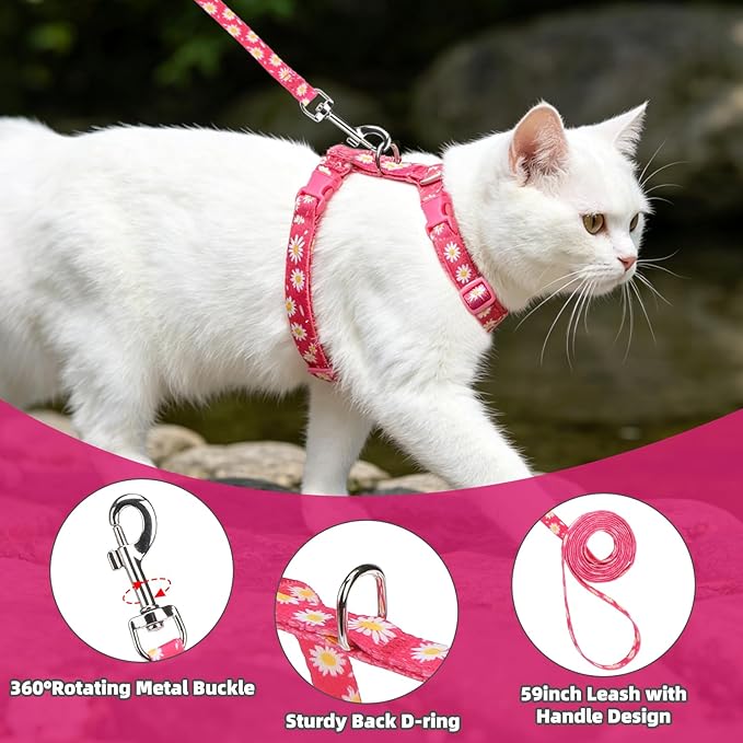 PUPTECK Adjustable Cat Harness and Leash Set Escape Proof Kitten Strap Collar for Walking Travel, Daisy Pattern