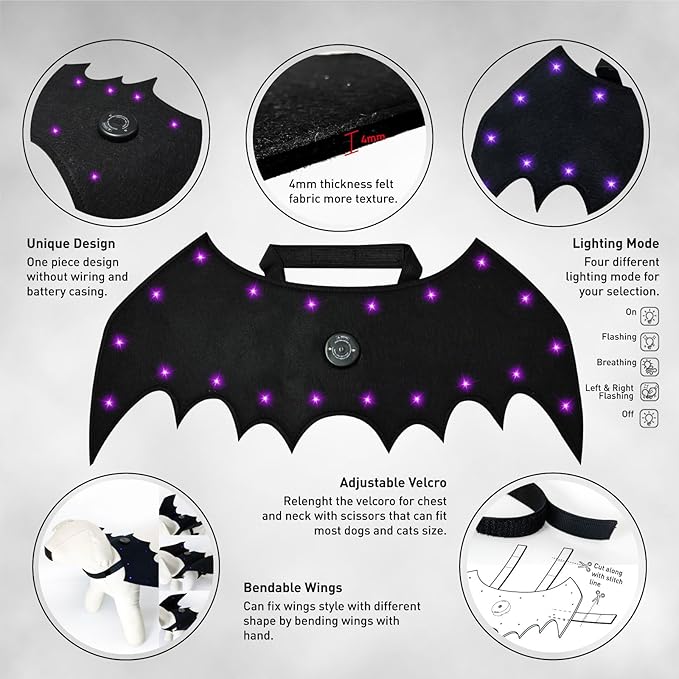LED Bat Wings for Pets - Halloween Costume with 20 Lights, 4 Modes, Adjustable Fit for Cats & Dogs, Safe Soft Material for Party Trick or Treat （L Size）