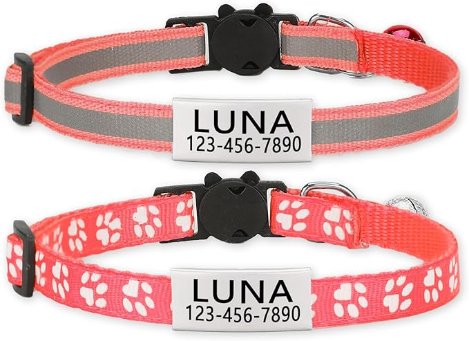 Personalized Cat Collar - 2 Pack Breakaway Reflective Adjustable Collars with Bell & Name Tag for Boy & Girl Kittens,Customized Engraved Nameplate Pet Tag for Cat Collar(Red)