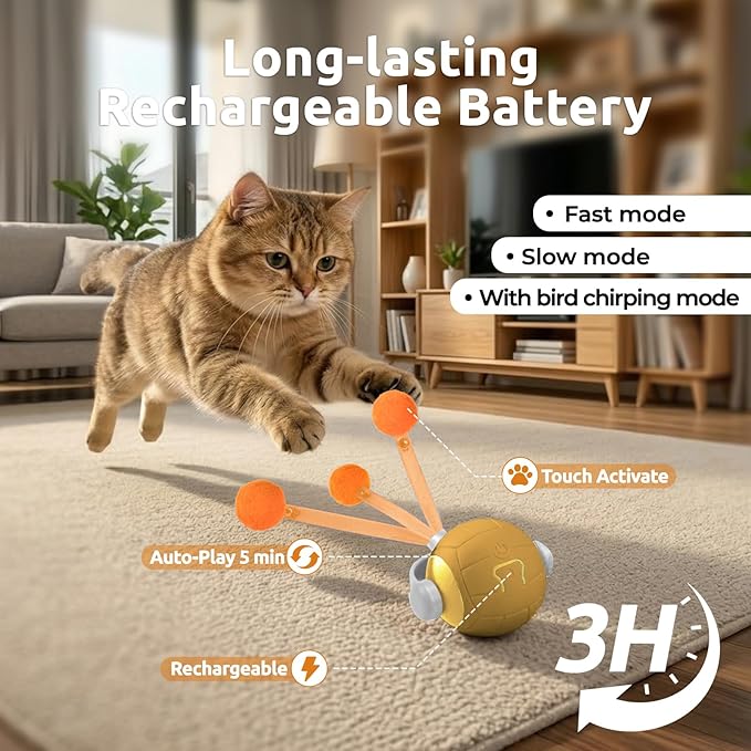 Cat Toys for Indoor Cats, Interactive Cat Toy Ball with Pom-Pom Tails, Automatic Cat Toy Self Play Exercise Toy to Relieve Boredom for Kitten & Adult Cats (Orange)