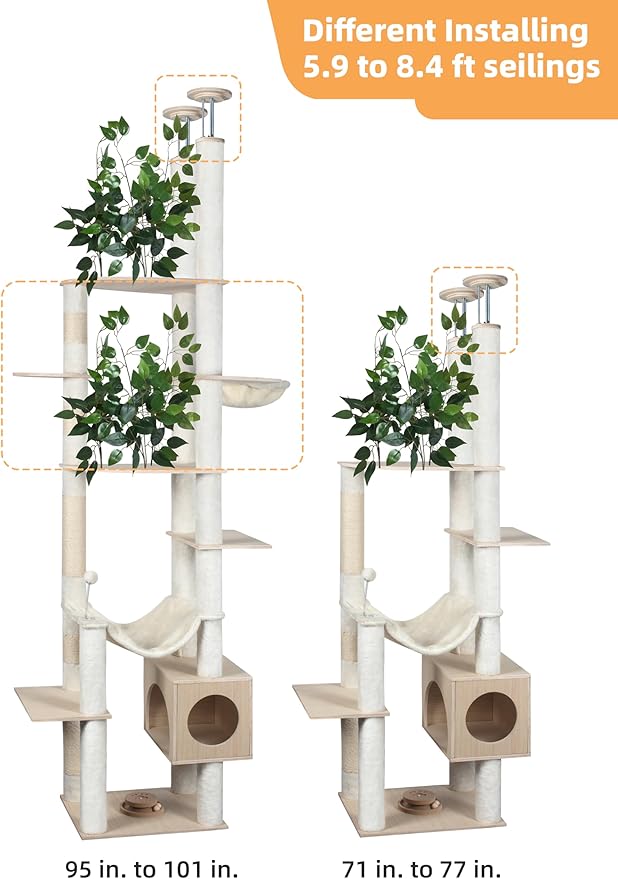 Fantasreen Large Cat Tree Floor to Ceiling Tower, Adjustable Height 77-101 Inches Tall, Climbing Cat Activity Furniture with Thickened Posts, Hammock Bed and Condo for Indoor Cats, White