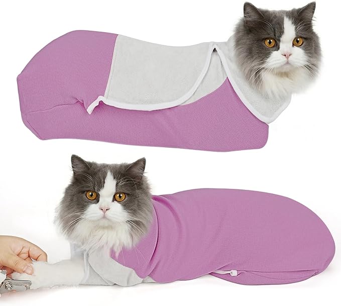 Cat Wrap for Cutting Nails, Self-Adhesive Cat Nail Clipping Restraint Bag, Anti-Scratch Cat Grooming Swaddle for Meds, SubQ Fluids, Ear Cleaning, Teeth Brushing & Vet Visits,Pinkish Purple,S