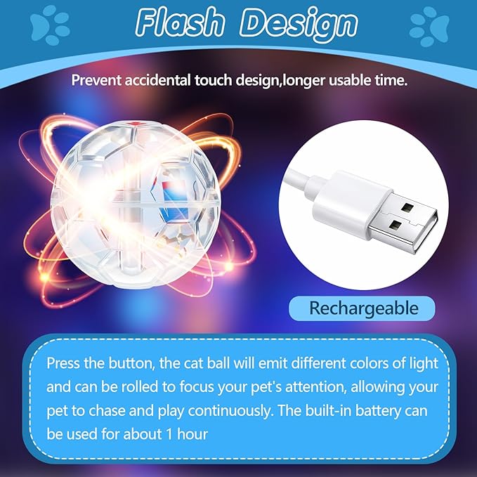 Sratte 2 Pcs Rechargeable Cat Ball Ghost Hunting Light up Cat Balls Toys Motion LED Motion Activated Flash Glowing Lighted Dog Interactive Toys Pet (Clear)