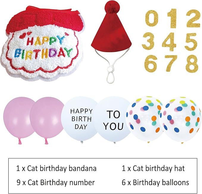 Reusable Cat Birthday Decorations Set - Adjustable Cat Birthday Hat & Bandana with Age Numbers | Kitty Celebration Kit for Memorable Milestones（Red）