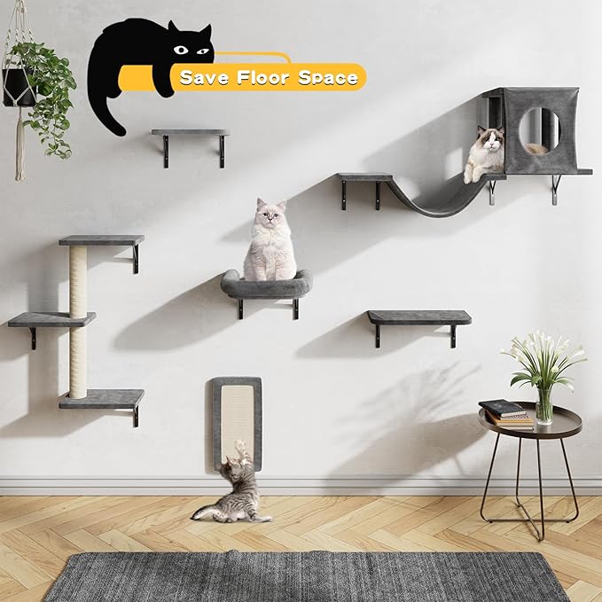 NUNU LAB Cat Wall Shelves, 6 Pcs Luxury Wall-Mounted Cat Climber Set, Indoor Cat Furniture with 1 Condos House, 2 Cat Wall Shelves, 1 Scratching, 1 Bridge Ladder, 1 Scratching Pad,Dark Gray