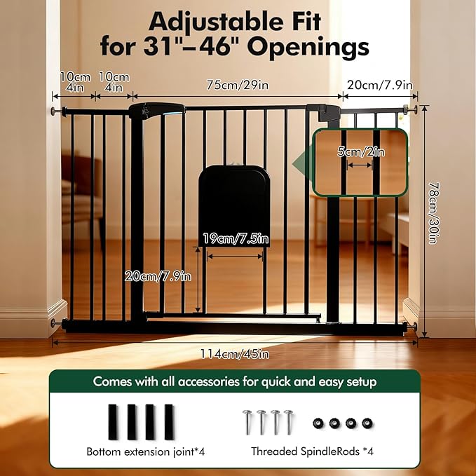 Metal Pet Gate with Cat Door, Adjustable Dog Gate for Doorways & Stairs, Pressure Mounted, Auto-Close, No Tools Needed, 31-46 Inches, Black
