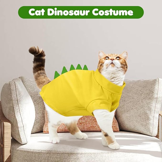 DENTRUN Sphynx Cat Clothes, Cute Dinosaur Design Hairless Cat Costume, Breathable Cotton Shirts Cat Clothes for Cats Only, Round Collar Kitten Daily T-Shirts with Sleeves, Cats Funny Cosplay Apparel