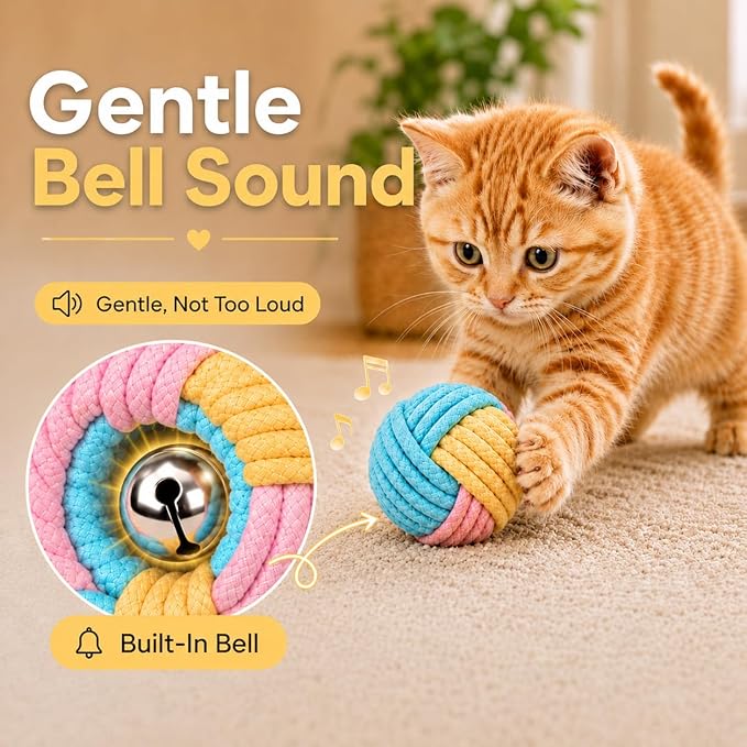 Kitten Toys & Cat Toys for Indoor Cats: 6 Pack Interactive Cat Toy Balls with Rope, Crinkle Cat Ball Toy for Chase, Chewing and Boredom Relief