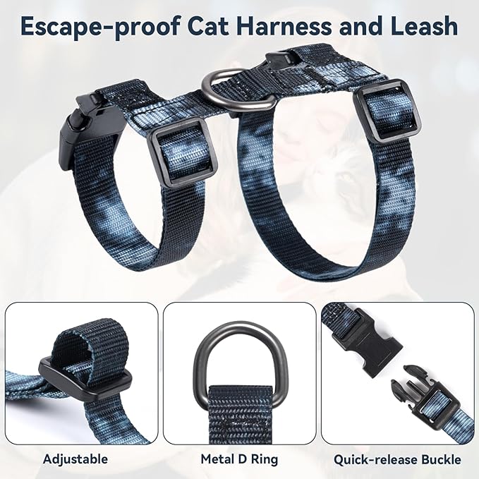 Cat Harness and Leash Set, 3-in-1 Escape Proof Adjustable, Comfortable Soft Lightweight, Safe, Easy to Wear, Walking Travel Kitten Harness for Small Medium Cats （Black