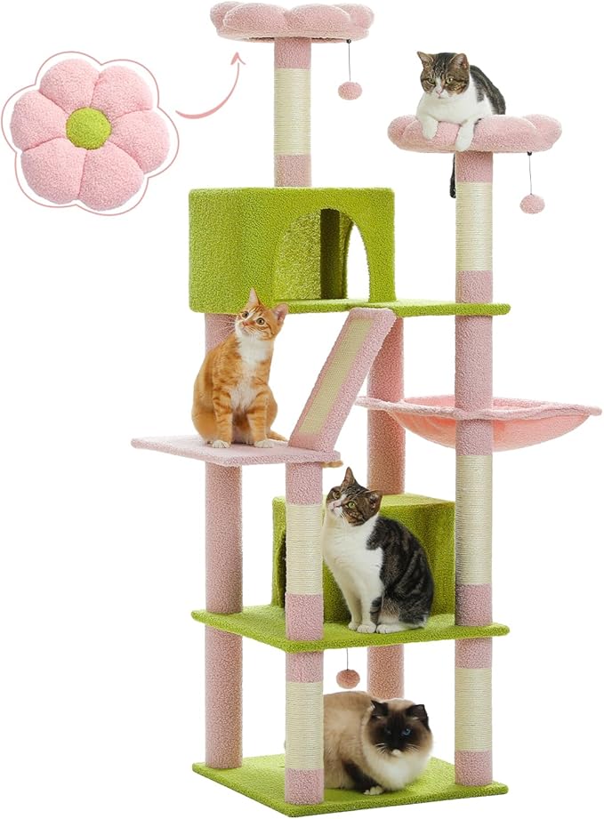 MUTTROS Flower Cat Tree, 70.9" Tall Tree for Indoor Cats, Large Tree for Large Cats, Multi-Level Tower with 6 Scratching Posts, 2 Condos, 2 Perches, Hammock, Pompoms, Pink