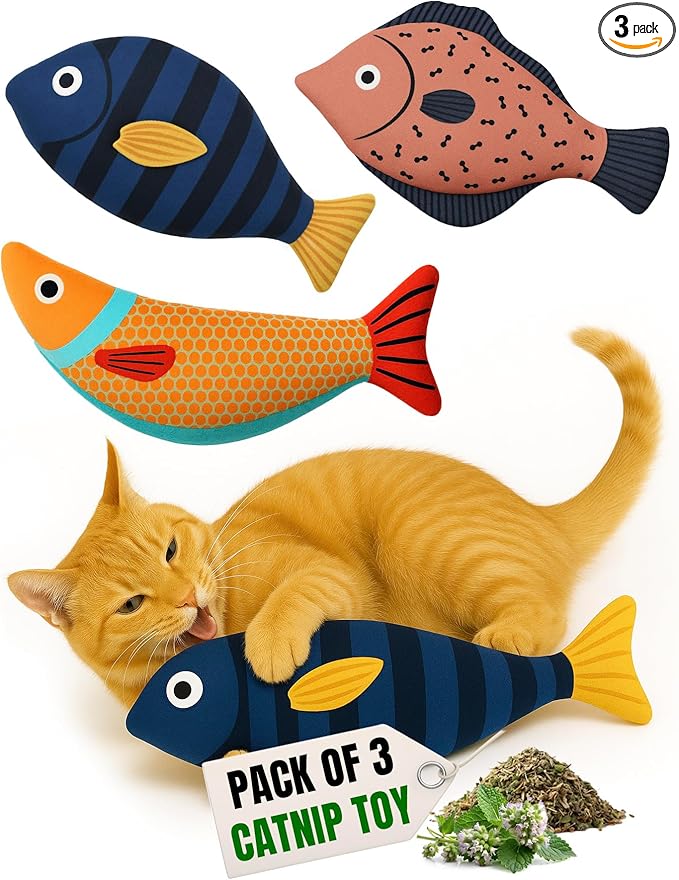 Tails & Tales Cat Toys Fish, Catnip & Crinkle Sound Plush, Bite-Resistant & Soft Interactive Toys for Indoor Cats & Kittens, Reduces Stress & Encourages Activity, Pack of 3