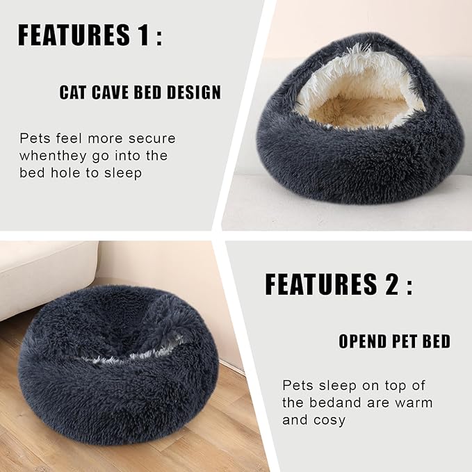 FORMYCATIE Cat Beds for Indoor Cats,Cat Cave for Puppy and Kitty,Calming Small Dog Bed for Small Dogs with Cover Cave,Cozy Warming Fluffy Washable Anti-Slip Pet Sleeping Bag(24 * 24inch,Dark Gray)