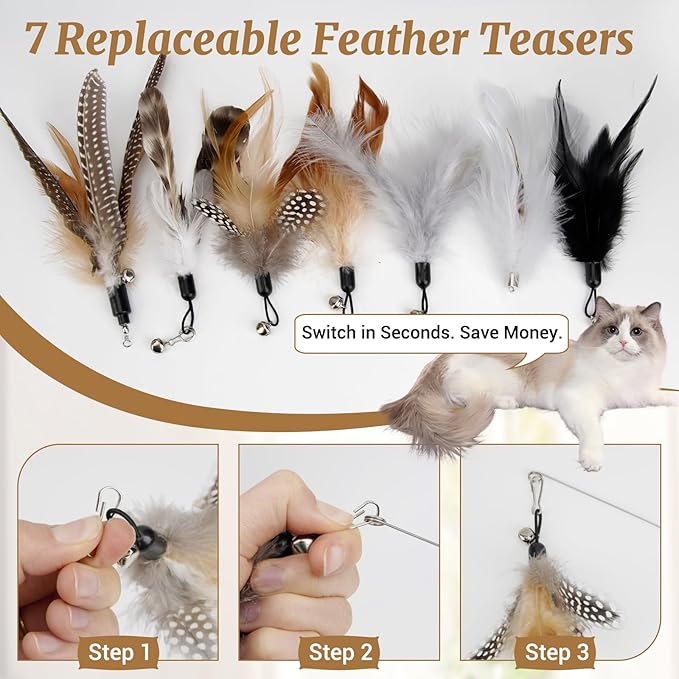 ROSAUI Durable Cat Wand Toy Set for Cats, 4 Steel Wire Teasers with Soft Spring, 7 Replaceable Feather Refills, One-Piece Molded Handle for Interactive Indoor Play, Best for Small to Medium Cats