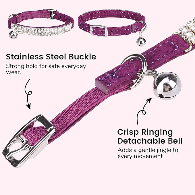 BINGPET Diamond Cat Collar with Bell, Adjustable Soft Velvet Bling Rhinestone Cat Collar, Sparkly Kitten Collar with Safety Elastic & Metal Buckle for Small Medium Cats