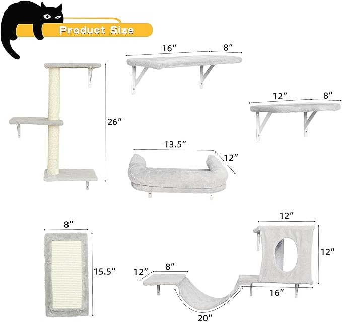 NUNU LAB Wall Mounted Cat Climber Set, 6 Pcs Cat Furniture Set with House, Bridge, Steps, Scratcher Board and Hammock, Shelves for Indoor, Luxury Walls Furniture, Silver Grey