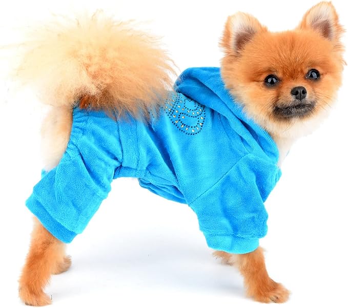 SMALLLEE_LUCKY_STORE Pet Clothes for Small Dog Cat Soft Velvet Crown Jumpsuit Coat Hooide Pajamas Tracksuit Blue M